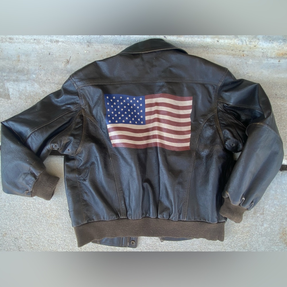 Men's Brown Leather Bomber Jacket with American Flag Back Small 90’s Vintage